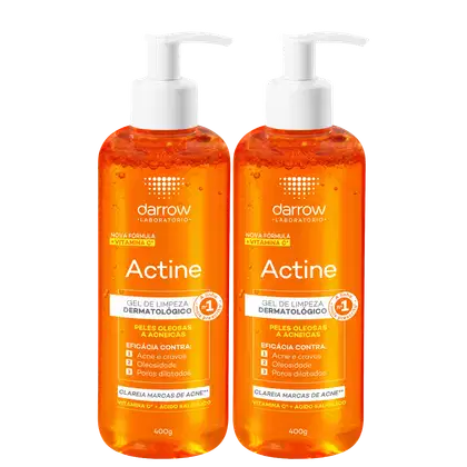 Dois frascos de gel de limpeza dermatológico Darrow Actine, com 400g cada, com bomba dosadora branca. Os frascos possuem cor laranja vibrante e rótulos com informações sobre a fórmula com vitamina C e eficácia contra acne, oleosidade e poros dilatados.