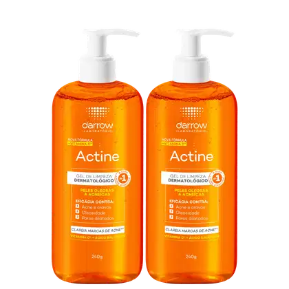 Dois frascos de gel de limpeza dermatológico Darrow Actine, com 240g cada, em embalagem laranja com rótulos brancos destacando a fórmula com vitamina C e ácido salicílico, indicada para peles oleosas e acneicas.