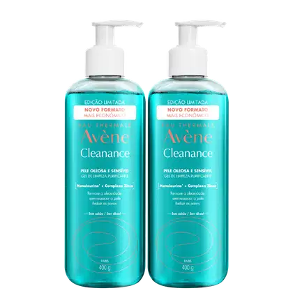 Dois frascos de gel de limpeza purificante Avène Cleanance, em embalagem de edição limitada com novo formato mais econômico, contendo 400g cada.