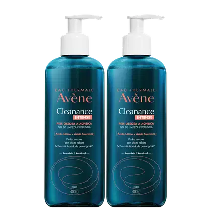 Dois frascos de gel de limpeza profunda da linha Avène Cleanance Intense, com bombas doseadoras brancas. Os frascos têm cor azul-esverdeada e rótulos com o nome da marca e do produto em vermelho.