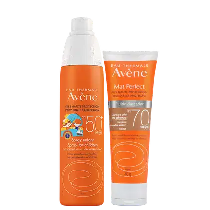 Kit Avène Spray Enfant FPS50 + Mat Perfect FPS70 Médio, 2 produtos.