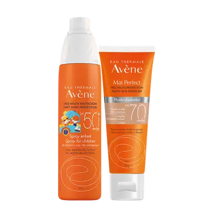 Kit Avène Spray Enfant FPS50 + Mat Perfect FPS70 Claro, 2 produtos.