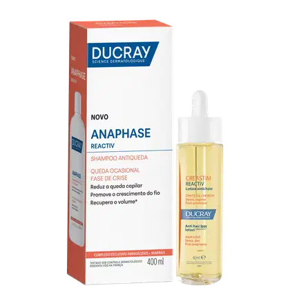 Caixa branca e vermelha do shampoo Anaphase Reactiv da Ducray, com frasco de vidro contendo loção antiqueda Creastim Reactiv da mesma marca.