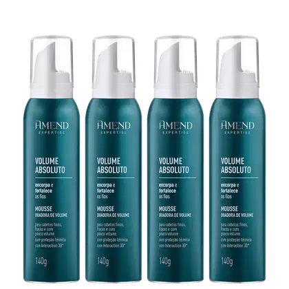 Quatro frascos de mousse volumizadora da linha Volume Absoluto da marca Amend Cosméticos, com embalagem plástica branca e azul-esverdeada, contendo 140g cada.