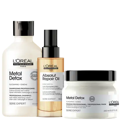Kit L'Oréal Professionnel Metal Detox + Absolut Repair Trio, 3 produtos.