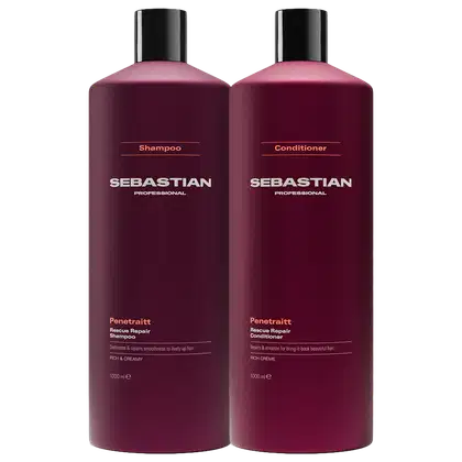Dois frascos de produtos de cabelo da marca Sebastian Professional, um shampoo e um condicionador, ambos com embalagens de plástico de cor vinho escuro e rótulos com o nome da marca.