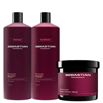 Três produtos da marca Sebastian Professional: shampoo, condicionador e máscara de tratamento, em embalagens de plástico preto e vermelho escuro, com rótulos destacando os nomes da marca e do produto.