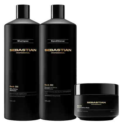 Conjunto de produtos de cuidados capilares da marca Sebastian Professional, incluindo shampoo, condicionador e máscara, todos em embalagens pretas com detalhes dourados, exibindo o nome da marca e a linha "Dark Oil".