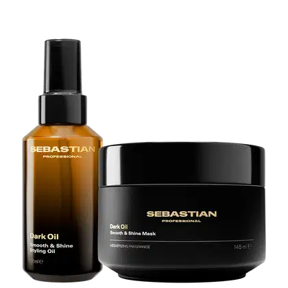 Dois produtos da marca Sebastian Professional: um frasco de óleo de cabelo escuro e um pote de máscara de cabelo escuro. Ambos os produtos apresentam embalagens pretas e douradas, com o logotipo da marca visível.