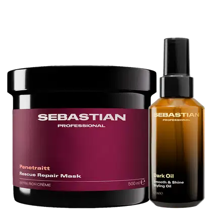 Dois produtos de beleza da marca Sebastian Professional: um pote preto e vermelho contendo uma máscara de reparação Penetraitt e um frasco de óleo de penteado Dark Oil Smooth & Shine em embalagem preta.
