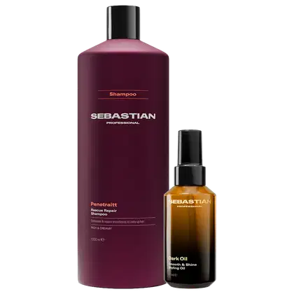 Frasco de shampoo da marca Sebastian Professional, na cor vinho, com rótulo destacado. Acompanha um frasco de óleo para cabelos da mesma marca, na cor âmbar. Produtos de tratamento e cuidado para cabelos.