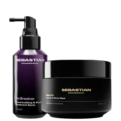 Dois produtos da marca Sebastian Professional: um frasco preto com rótulo roxo e branco, e um pote preto com rótulo dourado. O frasco contém um spray de tratamento para cabelos, enquanto o pote contém uma máscara para cabelos.