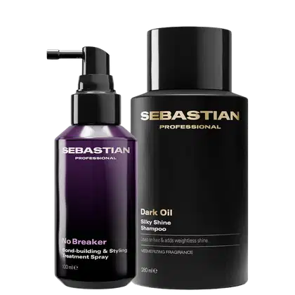 Dois produtos da marca Sebastian Professional: um frasco roxo de 100 ml contendo "No Breaker Bond-building & Styling Treatment Spray" e um frasco preto de 280 ml contendo "Dark Oil Silky Shine Shampoo".