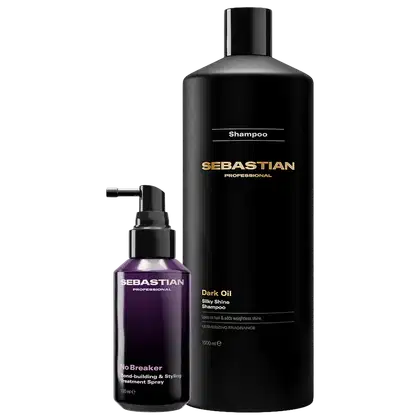 Dois produtos de beleza da marca Sebastian Professional: um frasco preto de shampoo e um frasco roxo de spray para tratamento capilar. Os rótulos exibem o nome da marca e informações sobre os produtos.