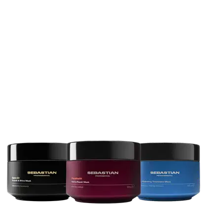 Três frascos de produtos de beleza da marca Sebastian Professional, com embalagens pretas, vermelhas e azuis. Cada frasco contém uma máscara de tratamento para cabelos, com rótulos indicando os nomes dos produtos.