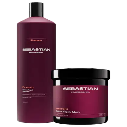 Dois produtos de beleza da marca Sebastian Professional: um frasco de shampoo e um pote de máscara capilar, ambos em tons de roxo e preto, com rótulos e textos indicando os nomes dos produtos.