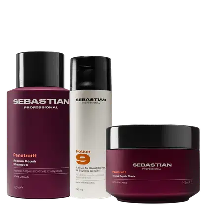 Três produtos da marca Sebastian Professional: um frasco de shampoo Penetraitt Rescue Repair, um tubo de condicionador Potion 9 e um pote de máscara Penetraitt Rescue Repair, todos em embalagens pretas e vermelhas com o logotipo da marca.