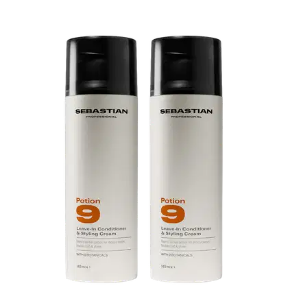 Dois frascos de condicionador e creme de penteado da marca Sebastian Professional, com a embalagem branca e preta, contendo a informação "Potion 9" e "Leave-In Conditioner & Styling Cream".