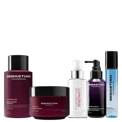 Produtos de beleza da marca Sebastian Professional, incluindo shampoo, máscara, sérum e spray para cabelos. As embalagens apresentam cores predominantes de vermelho, roxo e azul, com rótulos e textos identificando os diferentes produtos.