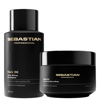 Dois produtos da marca Sebastian Professional: um frasco preto de Shampoo Dark Oil Silky Shine de 280 ml e um pote preto de Máscara Dark Oil Smooth & Shine de 145 ml. Ambos os produtos apresentam uma embalagem preta com detalhes dourados