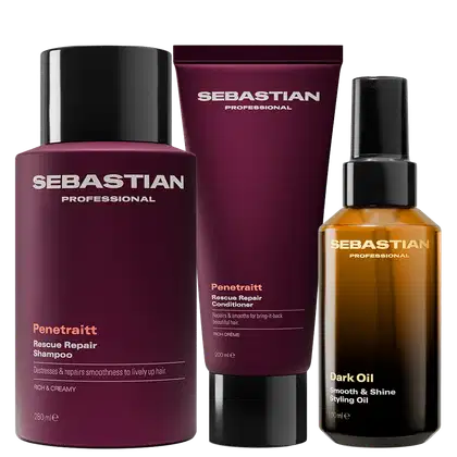 Três produtos da marca Sebastian Professional: um frasco de shampoo Penetraitt Rescue Repair, um tubo de condicionador Penetraitt Rescue Repair e um frasco de óleo de penteado Dark Oil Smooth & Shine, em embalagens pretas e bordô com logotipo da marca.