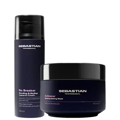 Dois produtos da marca Sebastian Professional: um frasco preto com rótulo roxo e branco, e um pote preto com rótulo roxo e branco. Os produtos são chamados "No Breaker Bonding & Styling Leave-in Cream" e "No Breaker Bonding Melting Mask", respectivamente.