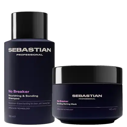 Dois produtos da marca Sebastian Professional: um frasco preto de shampoo "No Breaker" e um pote preto de máscara capilar "No Breaker Bonding Melting Mask". Ambos os produtos apresentam a marca "Sebastian Professional" em destaque.