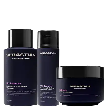 Três produtos da marca Sebastian Professional: um frasco de shampoo "No Breaker", um frasco de leave-in cream "No Breaker" e um pote de máscara "No Breaker Bonding Melting Mask".