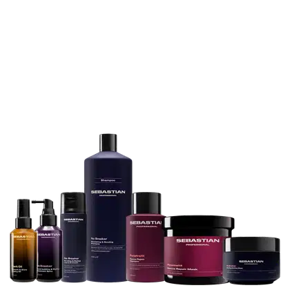 Conjunto de produtos de beleza da marca Sebastian Professional, incluindo shampoo, óleo, máscara e outros itens em embalagens pretas e vermelhas com rótulos e detalhes em texto.