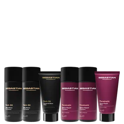 Conjunto de produtos de beleza da marca Sebastian Professional, incluindo dois frascos de shampoo Dark Oil, um tubo de máscara Dark Oil, dois frascos de shampoo Penetraitt e um tubo de máscara Penetraitt, em embalagens pretas e roxas.