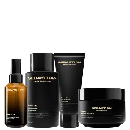 Conjunto de produtos da marca Sebastian Professional, incluindo shampoo, condicionador, máscara e óleo em embalagens pretas com detalhes dourados, apresentando a linha "Dark Oil" para cabelos.