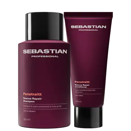 Dois produtos da marca Sebastian Professional: um frasco de shampoo Penetraitt Rescue Repair e um tubo de condicionador Penetraitt Rescue Repair, ambos em embalagens de plástico rígido de cor vinho escuro com detalhes em preto.