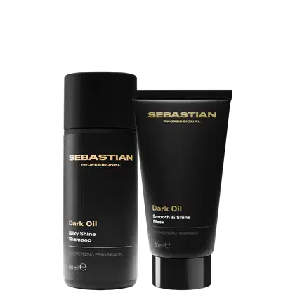 Dois produtos da marca Sebastian Professional: um frasco preto de Shampoo Silky Shine e um tubo preto de Máscara Smooth & Shine, ambos da linha Dark Oil, com rótulos em dourado.