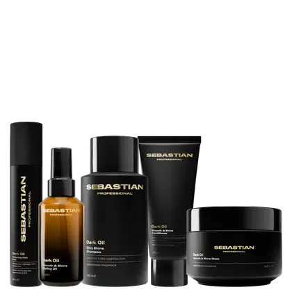 Conjunto de produtos de beleza da marca Sebastian Professional, incluindo frasco de óleo, shampoo, condicionador e máscara, todos em embalagens pretas e douradas com o logotipo da marca.