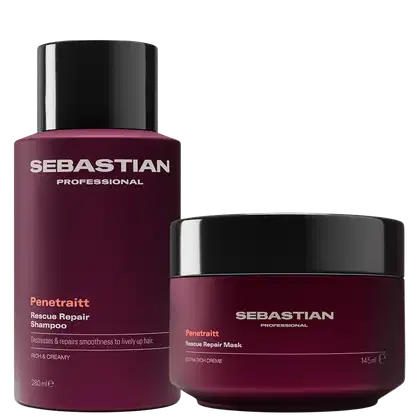 Dois produtos da marca Sebastian Professional: um frasco de shampoo Penetraitt Rescue Repair e um pote de máscara Penetraitt Rescue Repair, ambos em embalagens pretas e roxas com o logotipo da marca.