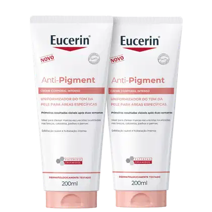 Dois tubos de creme corporal intensivo Eucerin Anti-Pigment para áreas específicas, com embalagem branca e detalhes em rosa, contendo 200ml cada.
