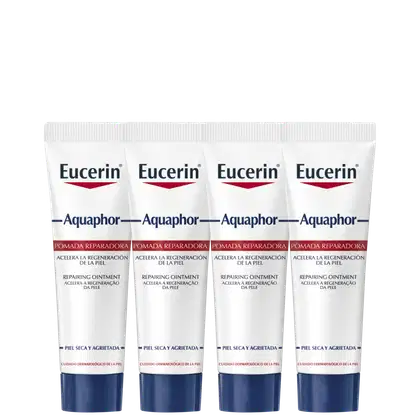 Quatro tubos de pomada reparadora da marca Eucerin Aquaphor, com rótulos em branco e azul, indicando 10ml cada.