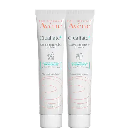 Dois tubos de creme reparador protetor Cicalfate+ da marca Avène, com embalagem branca e detalhes em laranja, contendo 100ml cada. O produto é indicado para peles sensíveis irritadas.