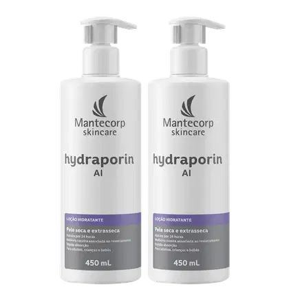 Dois frascos brancos de 450 mL da linha Mantecorp Skincare, contendo o produto "Hydraporin AI", uma loção hidratante para pele seca e extrasseca.