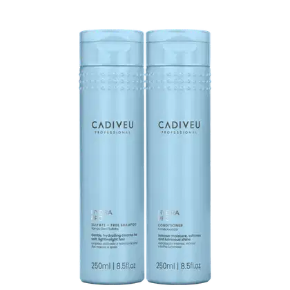 Shampoo e Condicionador Cadiveu Professional da linha Hydra Pro, ambos com 250ml. Os frascos possuem cor azul claro, com a marca Cadiveu Professional destacada em letras pretas