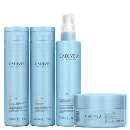 Conjunto de produtos Cadiveu Professional, da linha Hydra Pro, incluindo shampoo 250ml, condicionador 250ml, leave-in 200ml e máscara condicionadora 200ml, em embalagens em tom azul claro com detalhes em branco e cinza, exibindo o logotipo da marca.