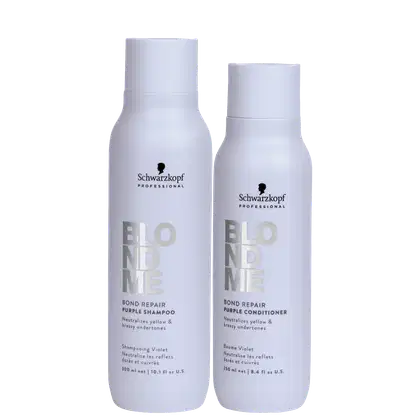 Dois frascos brancos da linha Blondme da Schwarzkopf Professional, contendo shampoo 300ml e condicionador 250ml para cabelos loiros, com rótulos em cinza e preto indicando os produtos de reparação e neutralização de tons amarelados.
