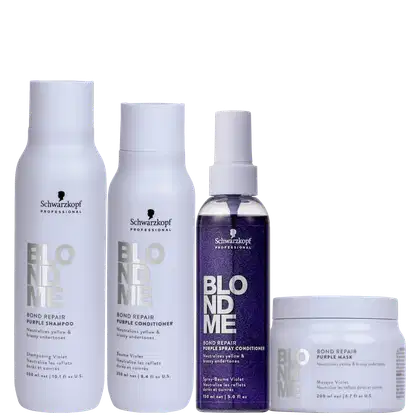 Produtos de cabelo da linha Blondme Bond Repair Purple da Schwarzkopf Professional, incluindo shampoo, condicionador, spray condicionador e máscara, em embalagens brancas e roxas.