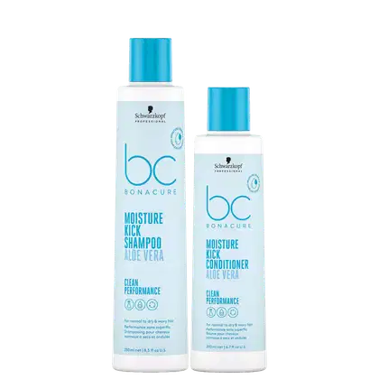 Dois frascos brancos da linha Bonacure da Schwarzkopf Professional, com tampas azuis. Um é o Moisture Kick Shampoo Aloe Vera de 250 ml e o outro é o Moisture Kick Conditioner Aloe Vera de 200 ml. Ambos apresentam a marca e o nome da linha em destaque.