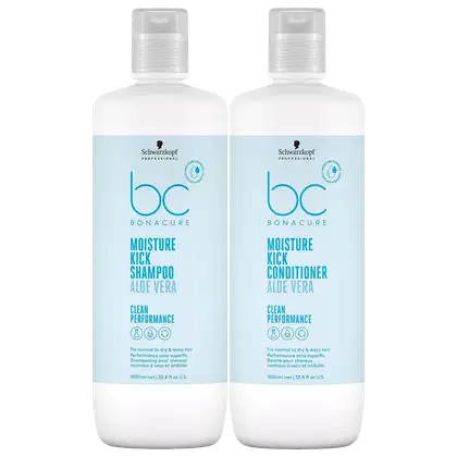Dois frascos brancos e azuis da linha  BC Bonacure Moisture Kick Aloe Vera da Schwarzkopf Professional, contendo shampoo e condicionador de 1 litro cada