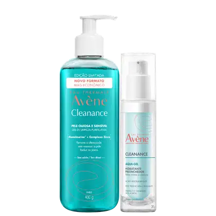 Dois produtos da linha Avène Cleanance: um gel de limpeza purificante de 400g com pump e um aqua-gel hidratante de 30g em embalagem branca, ambos com rótulos em tons de azul e verde.
