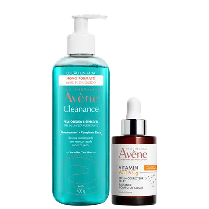 Dois produtos da marca Avène: um frasco de gel de limpeza purificante Cleanance de 400g e um frasco conta-gotas de sérum corretor de brilho Vitamin Activcg de 30ml