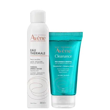 Dois produtos da marca Avène: um frasco de Água Termal Avène de 300 ml e um tubo de Gel de Limpeza Purificante Cleanance de 150 g