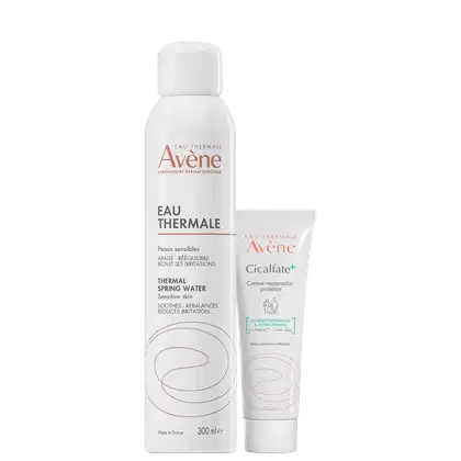 Dois produtos da marca Avène: um frasco de 300 ml de Eau Thermale, água termal para peles sensíveis, e um tubo de Cicalfate+, creme reparador de 20ml
