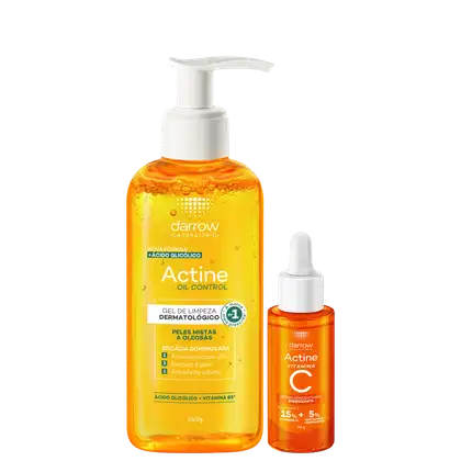Dois produtos Darrow: um gel de limpeza dermatológico Actine com ácido glicólico e um sérum concentrado Actine Vitamina C, ambos em embalagens plásticas de cores laranja e branca.